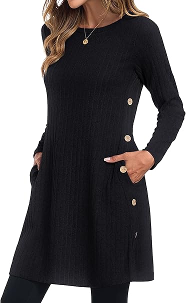 Womens Winter Jumper Dresses for Women UK Ladies Dresses Tunic Knitted Long Sleeve with Pockets Side Buttons Dress