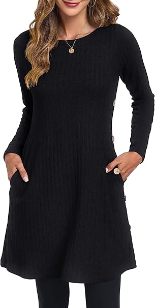 Womens Winter Jumper Dresses for Women UK Ladies Dresses Tunic Knitted Long Sleeve with Pockets Side Buttons Dress