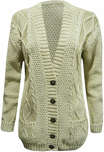 New Womens Everyday Long Sleeve Button Top Ladies Chunky Aran Cable Knit Grandad Cardigan