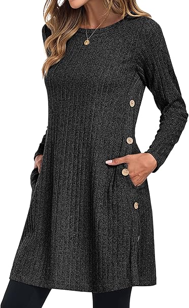 Womens Winter Jumper Dresses for Women UK Ladies Dresses Tunic Knitted Long Sleeve with Pockets Side Buttons Dress