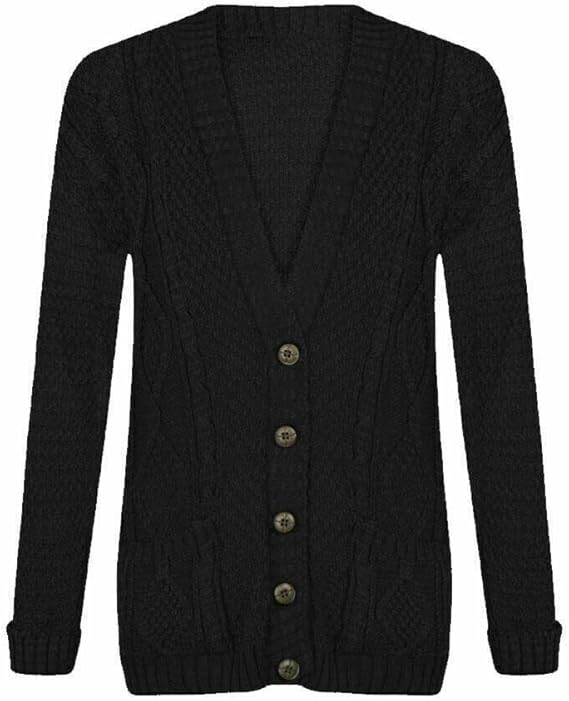 New Womens Everyday Long Sleeve Button Top Ladies Chunky Aran Cable Knit Grandad Cardigan