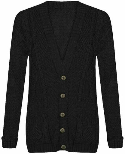 New Womens Everyday Long Sleeve Button Top Ladies Chunky Aran Cable Knit Grandad Cardigan