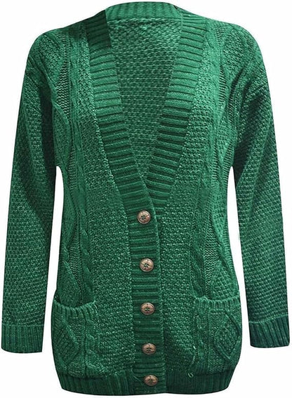 New Womens Everyday Long Sleeve Button Top Ladies Chunky Aran Cable Knit Grandad Cardigan