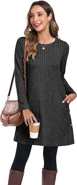 Womens Winter Jumper Dresses for Women UK Ladies Dresses Tunic Knitted Long Sleeve with Pockets Side Buttons Dress