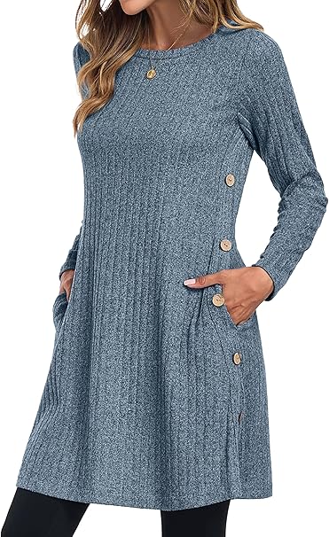 Womens Winter Jumper Dresses for Women UK Ladies Dresses Tunic Knitted Long Sleeve with Pockets Side Buttons Dress