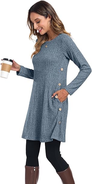 Womens Winter Jumper Dresses for Women UK Ladies Dresses Tunic Knitted Long Sleeve with Pockets Side Buttons Dress