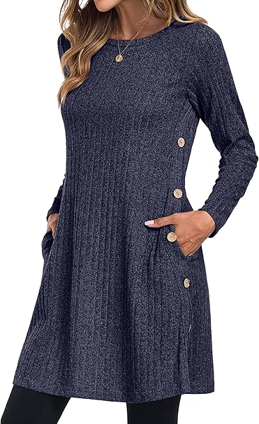 Womens Winter Jumper Dresses for Women UK Ladies Dresses Tunic Knitted Long Sleeve with Pockets Side Buttons Dress
