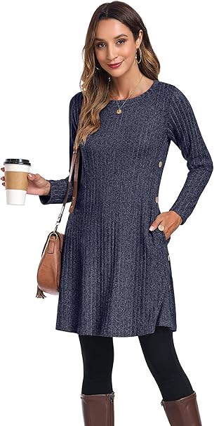 Womens Winter Jumper Dresses for Women UK Ladies Dresses Tunic Knitted Long Sleeve with Pockets Side Buttons Dress